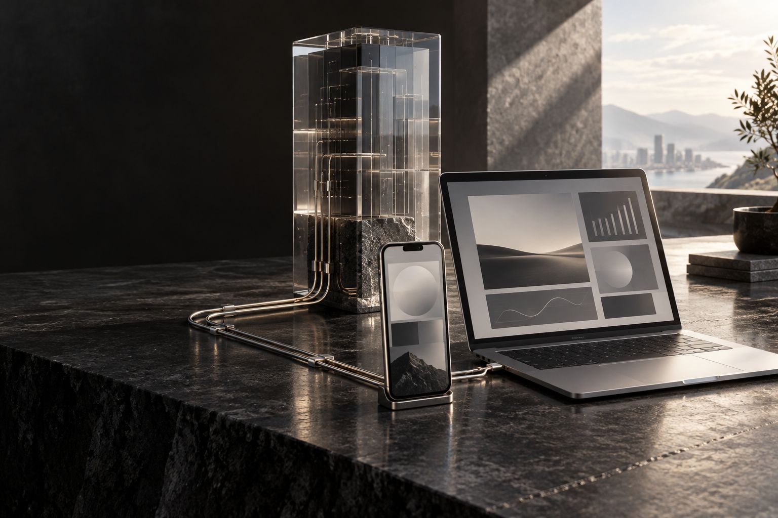 ノートPC、スマートフォン、ガラスのデータ基盤を線でつないだ、開発サービスのコンセプトビジュアル。