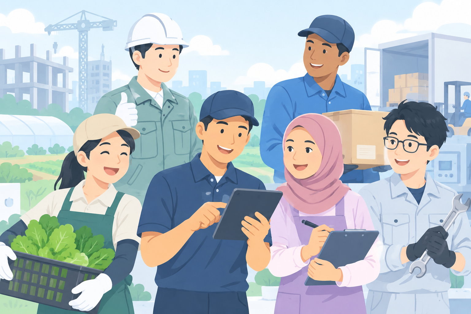 建設・物流・農業など、さまざまな現場の人がタブレットを使うイラスト。